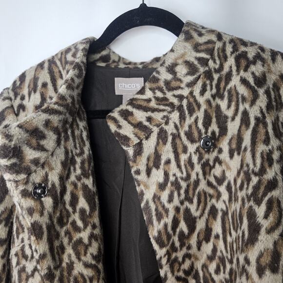 Chicos Fierce Womens Faux Fur Emma Jacket 2 Large Leopard Brown Tan Cheetah Coat - Picture 7 of 9